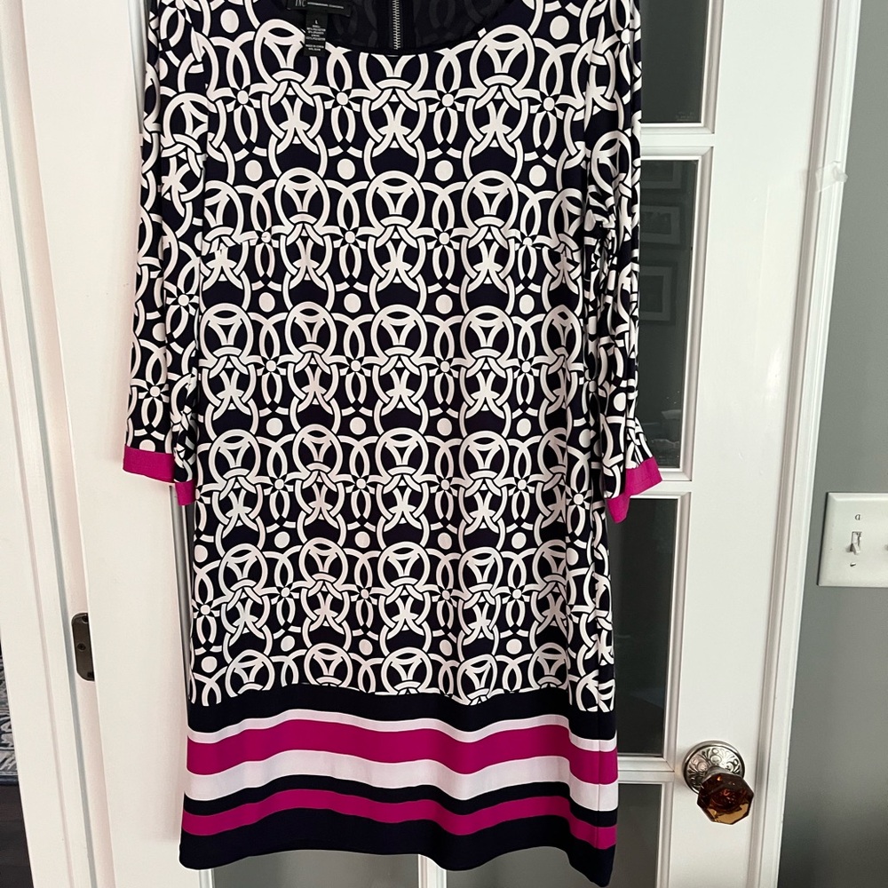 Chic Black and White Patterned Dress with Pink Accents
